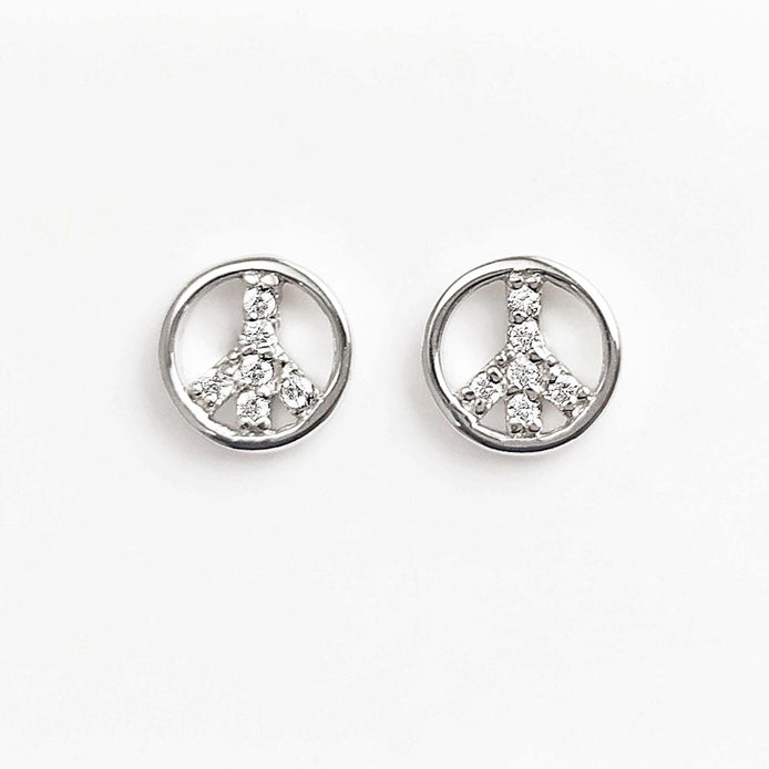 Peace & Love Earrings, Sterling Silver 925, Love and Peace Symbol Sign Stud Earrings, Boho Hipster 70's Icon Jewelry, White Cz stone