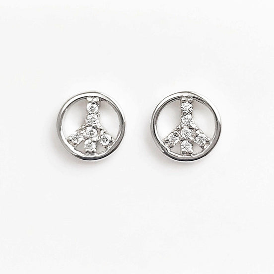 Peace & Love Earrings, Sterling Silver 925, Love and Peace Symbol Sign Stud Earrings, Boho Hipster 70's Icon Jewelry, White Cz stone