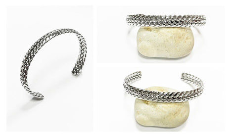 Braided Bangle Bracelet • Stainless Steel • Twisted Rope Open Rigid Cuff • Modern Unisex Jewelry • Light Slim Cuff • Gift for Her or Him