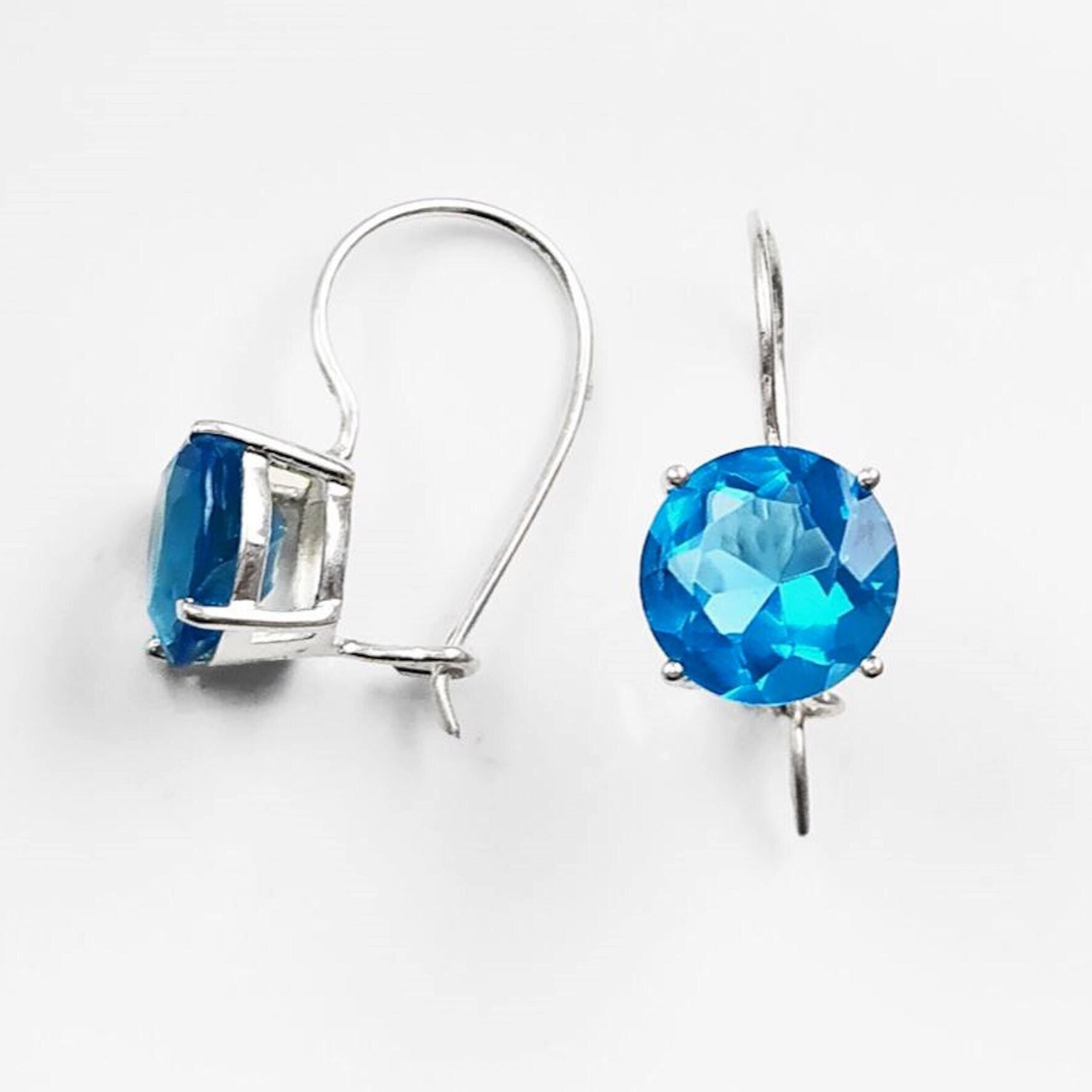 Stone 10mm Clear BLUE Stone Hook Earrings, Sterling Silver, 925 Earrings, Crocheted Earrings, Closed Crocheted Earrings, Blue Glass Stone