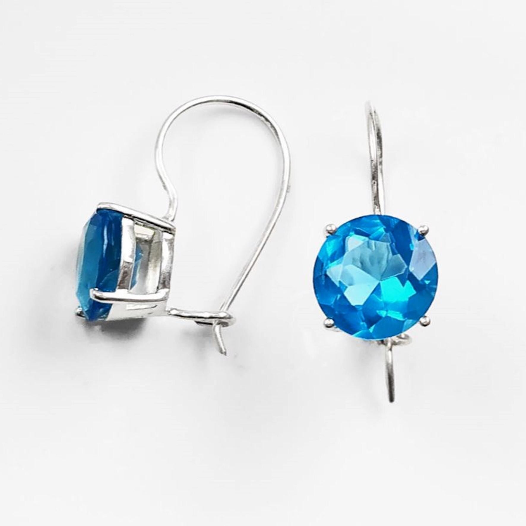 Stone 10mm Clear BLUE Stone Hook Earrings, Sterling Silver, 925 Earrings, Crocheted Earrings, Closed Crocheted Earrings, Blue Glass Stone