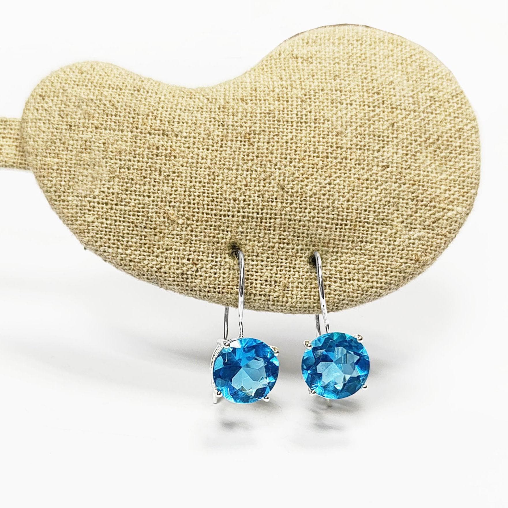 Stone 10mm Clear BLUE Stone Hook Earrings, Sterling Silver, 925 Earrings, Crocheted Earrings, Closed Crocheted Earrings, Blue Glass Stone