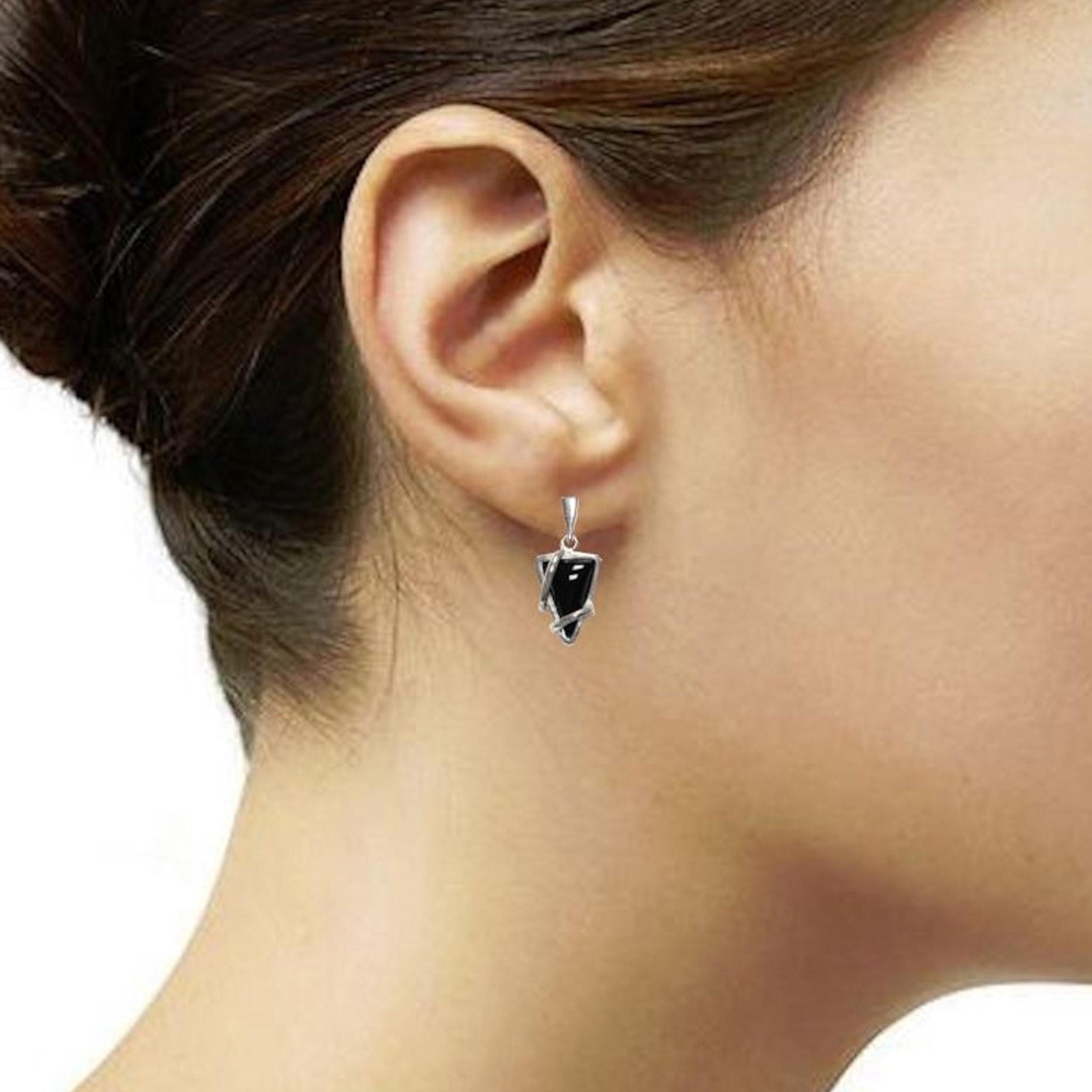 Triangle Onyx Earrings 925 Sterling Silver, Modern Dangle Onyx Stone Earrings, Unique Geometric Triangle Jewelry, Small Stone Earrings