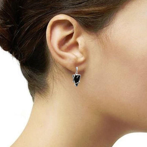 Triangle Onyx Earrings 925 Sterling Silver, Modern Dangle Onyx Stone Earrings, Unique Geometric Triangle Jewelry, Small Stone Earrings