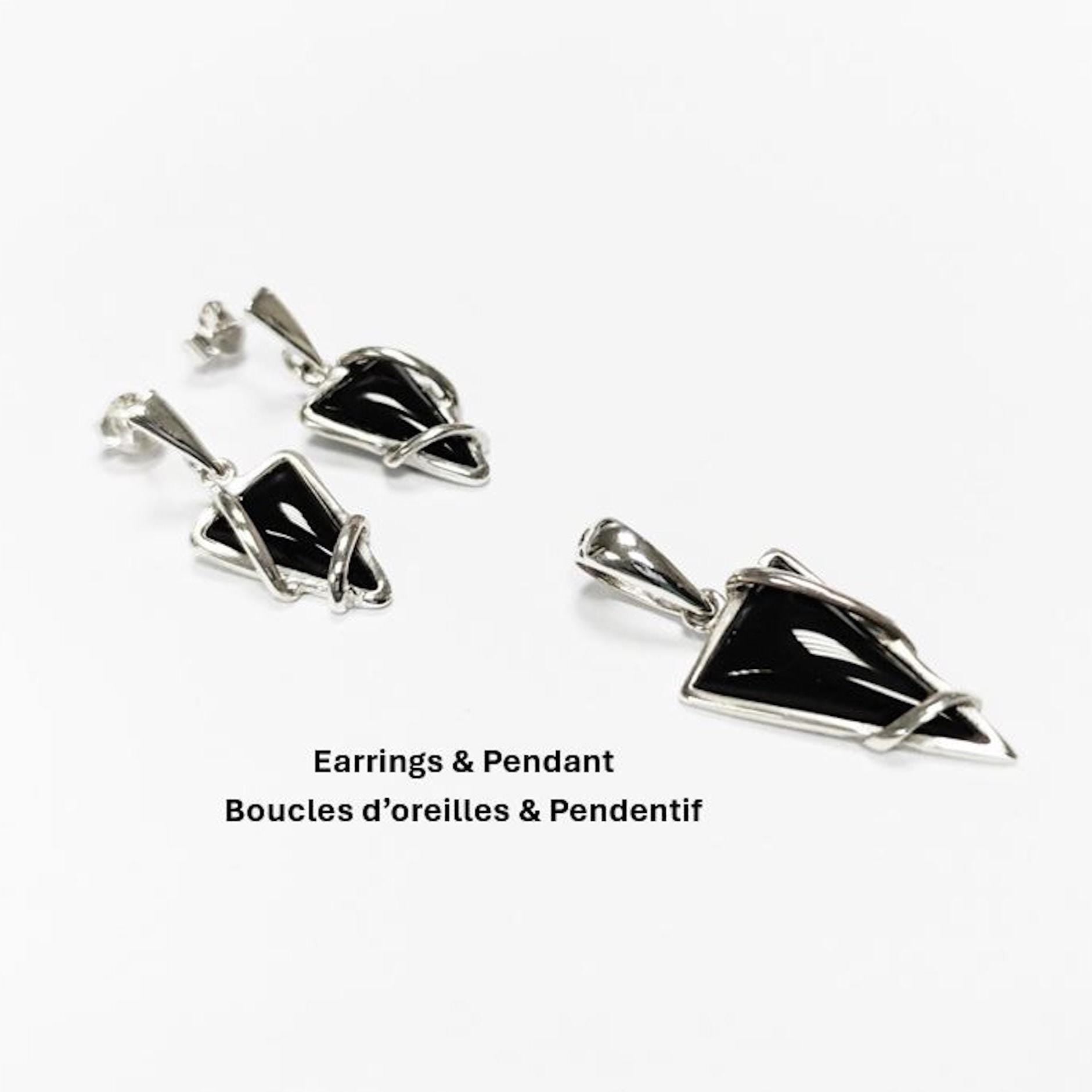 Black Triangle Earrings, Sterling Silver, Onyx Stone, Modern Geometric Jewelry, Earrings and Pendant Set, Women Gift