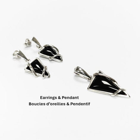 Black Triangle Earrings, Sterling Silver, Onyx Stone, Modern Geometric Jewelry, Earrings and Pendant Set, Women Gift