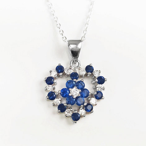 Blue Sapphire and White Diamond Heart Pendant by KRAMIKE • Sterling Silver • A Timeless Necklace for Special Occasions and as a Gift • KP049