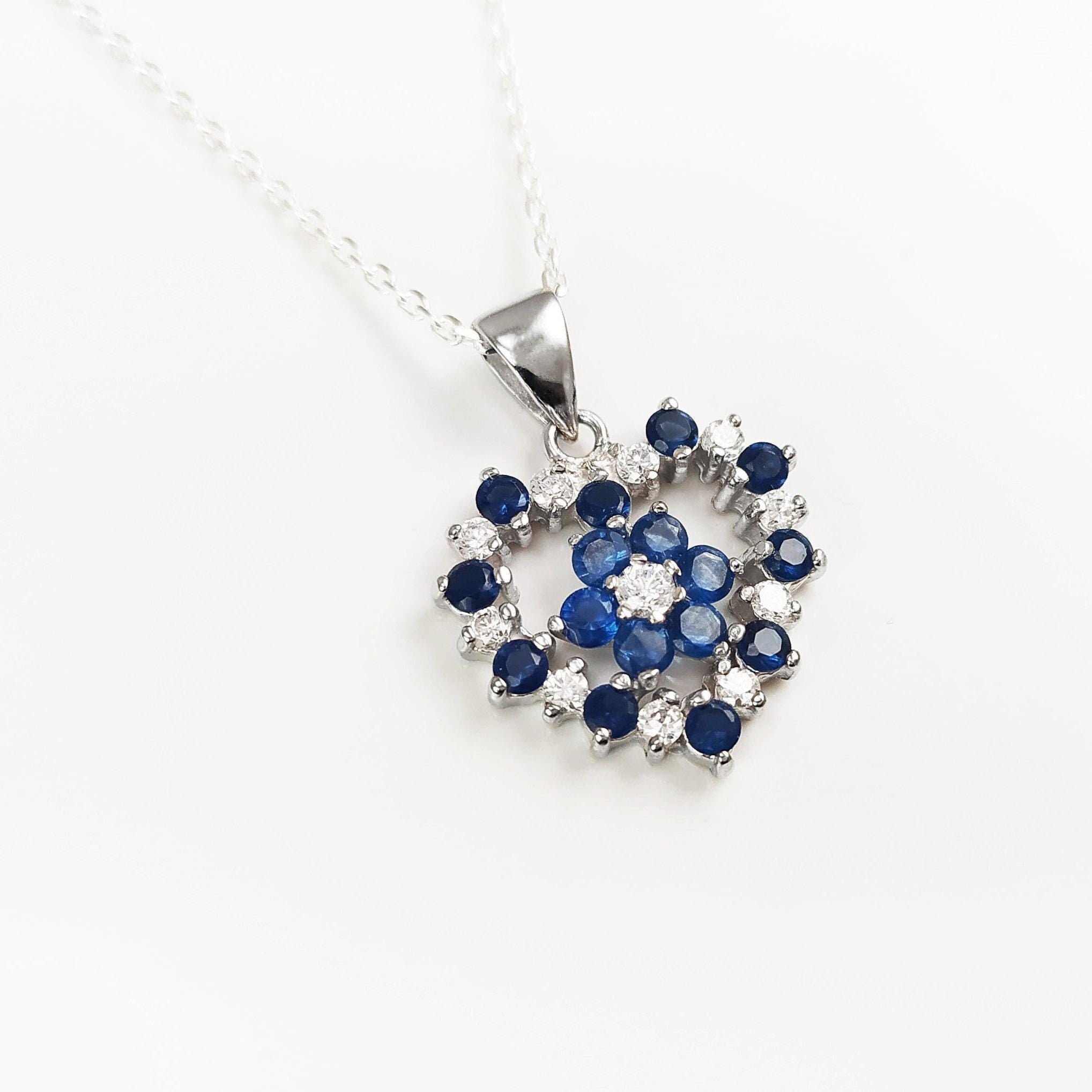 Blue Sapphire and White Diamond Heart Pendant by KRAMIKE • Sterling Silver • A Timeless Necklace for Special Occasions and as a Gift • KP049