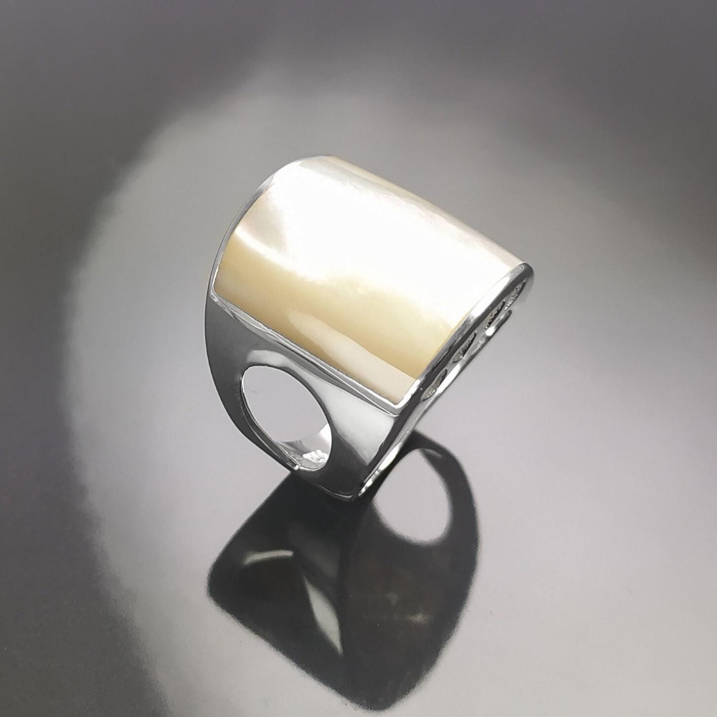 White Square MOP Ring, sterling silver, cuff ring, large armor Ring, modern minimalist wide stone design jewelry, Mother-of-Pearl Shell