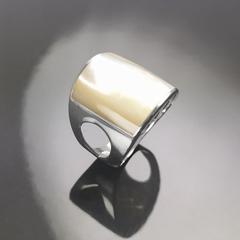 White Square MOP Ring, sterling silver, cuff ring, large armor Ring, modern minimalist wide stone design jewelry, Mother-of-Pearl Shell