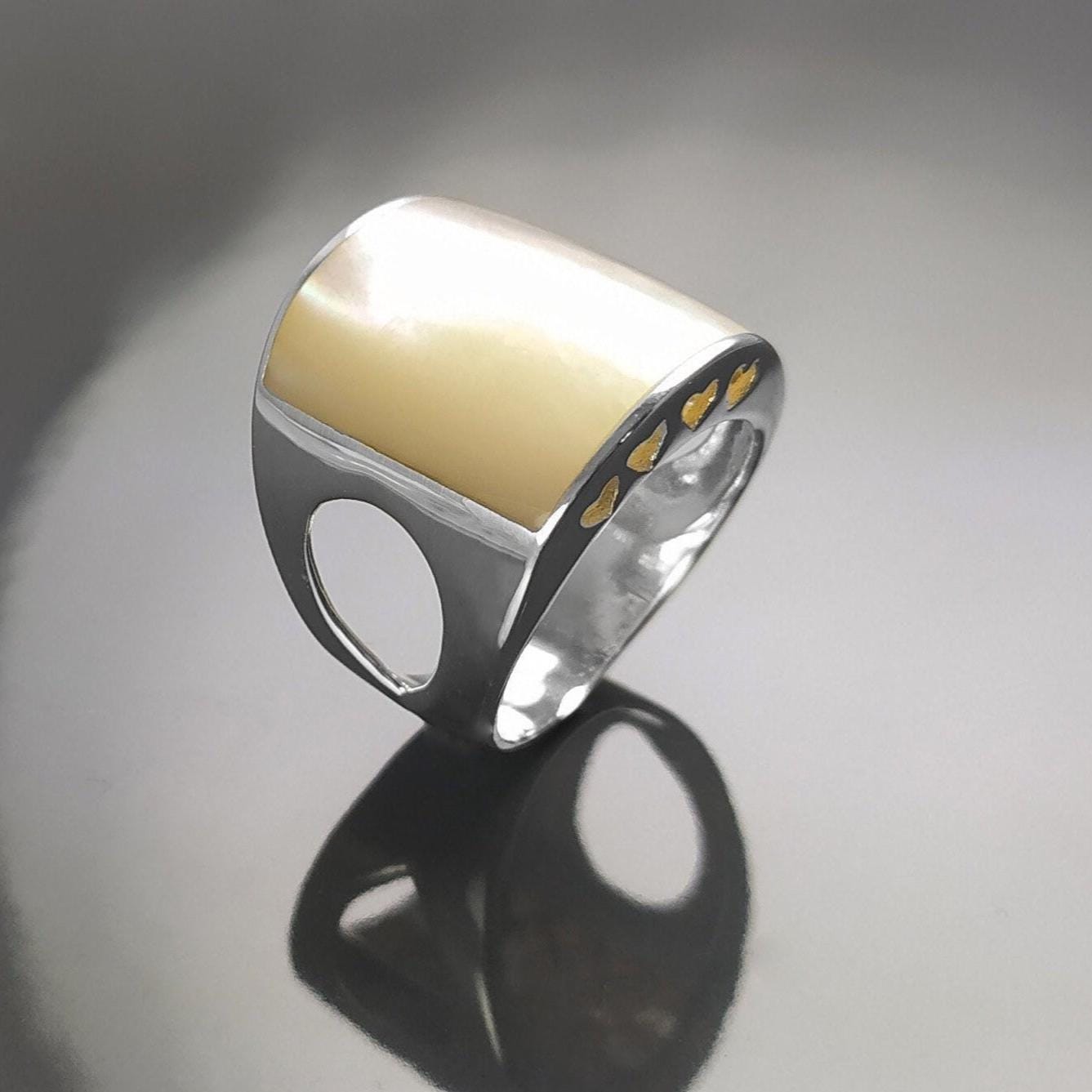 White Square MOP Ring, sterling silver, cuff ring, large armor Ring, modern minimalist wide stone design jewelry, Mother-of-Pearl Shell