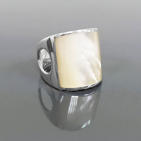 White Square MOP Ring, sterling silver, cuff ring, large armor Ring, modern minimalist wide stone design jewelry, Mother-of-Pearl Shell