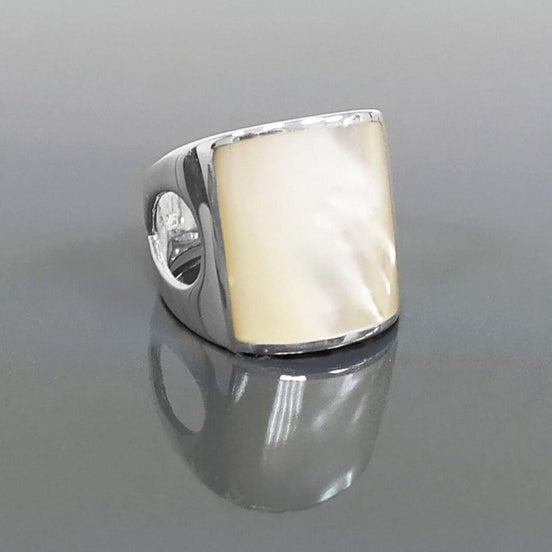 White Square MOP Ring, sterling silver, cuff ring, large armor Ring, modern minimalist wide stone design jewelry, Mother-of-Pearl Shell