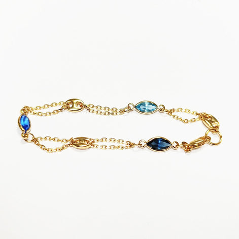 Topaz Link Bracelet • 18K Gold Plated Double Chain with 3 Blue Color Tones Marquise CZ Stones & Coffee Bean Links • Everyday Women Jewelry