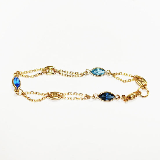 Topaz Link Bracelet • 18K Gold Plated Double Chain with 3 Blue Color Tones Marquise CZ Stones & Coffee Bean Links • Everyday Women Jewelry