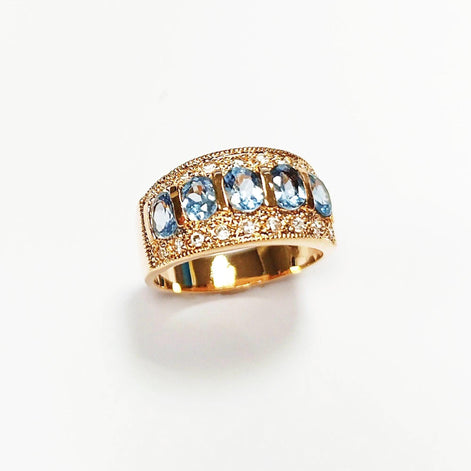 Blue CZ Stones 18K Gold-Plated, Aquamarine Gold Band Ring, Elegant March Birthstone Jewelry, Cocktail Ring, Gift for Her, Vintage Ring