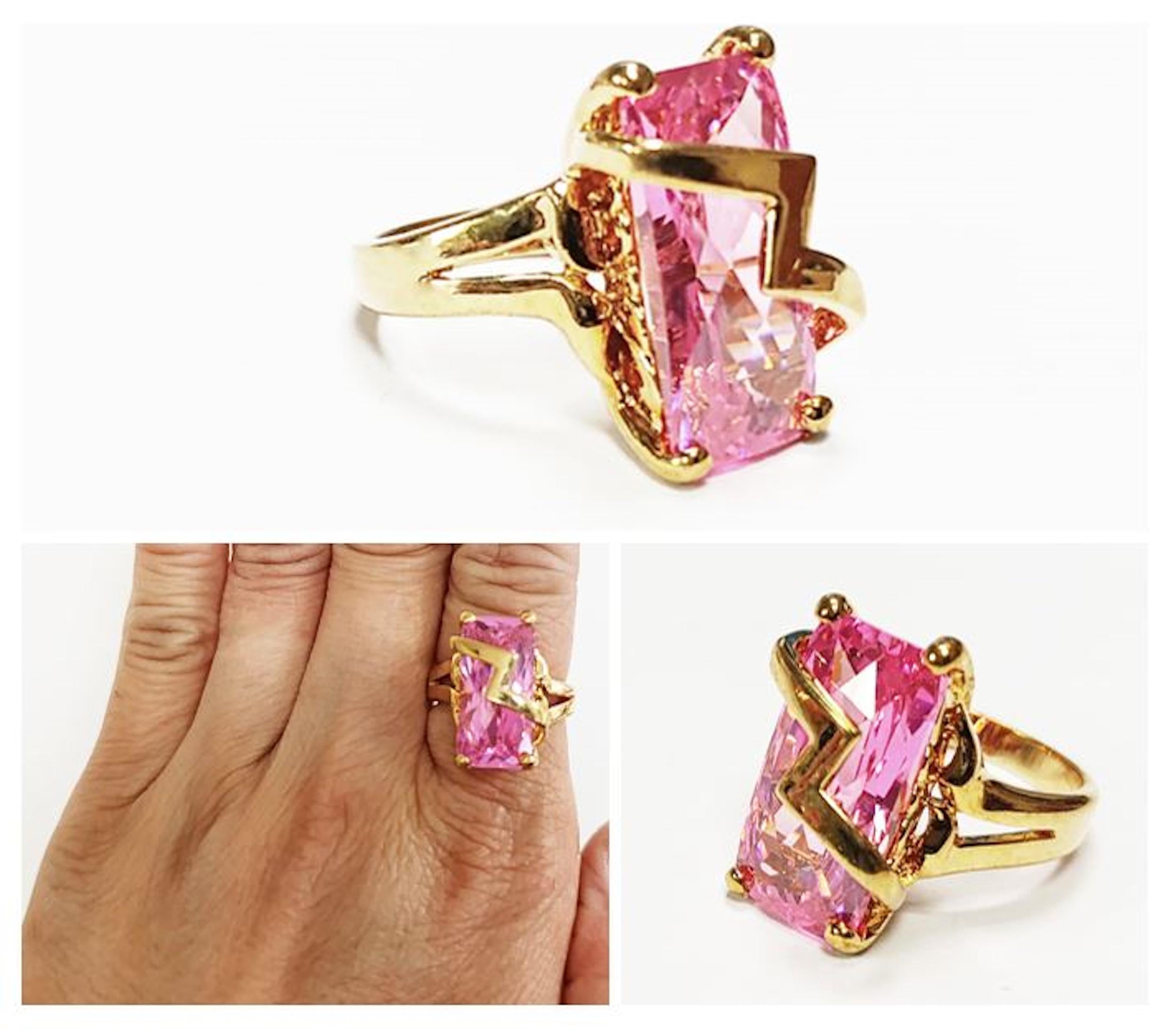 Pink Statement Ring • 18K Gold Plated • Modern Baguette Cut Cz Stone • Elegant Cocktail Jewelry with Chevron Accent • Ideal Gift for Women.