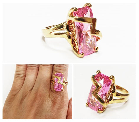 Pink Statement Ring • 18K Gold Plated • Modern Baguette Cut Cz Stone • Elegant Cocktail Jewelry with Chevron Accent • Ideal Gift for Women.