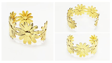Daisy Flower Cuff Bracelet • 18K Gold Filled • Statement Nature Inspired Open Bangle • Spring Summer Flowers Jewelry • Woman Floral Gift