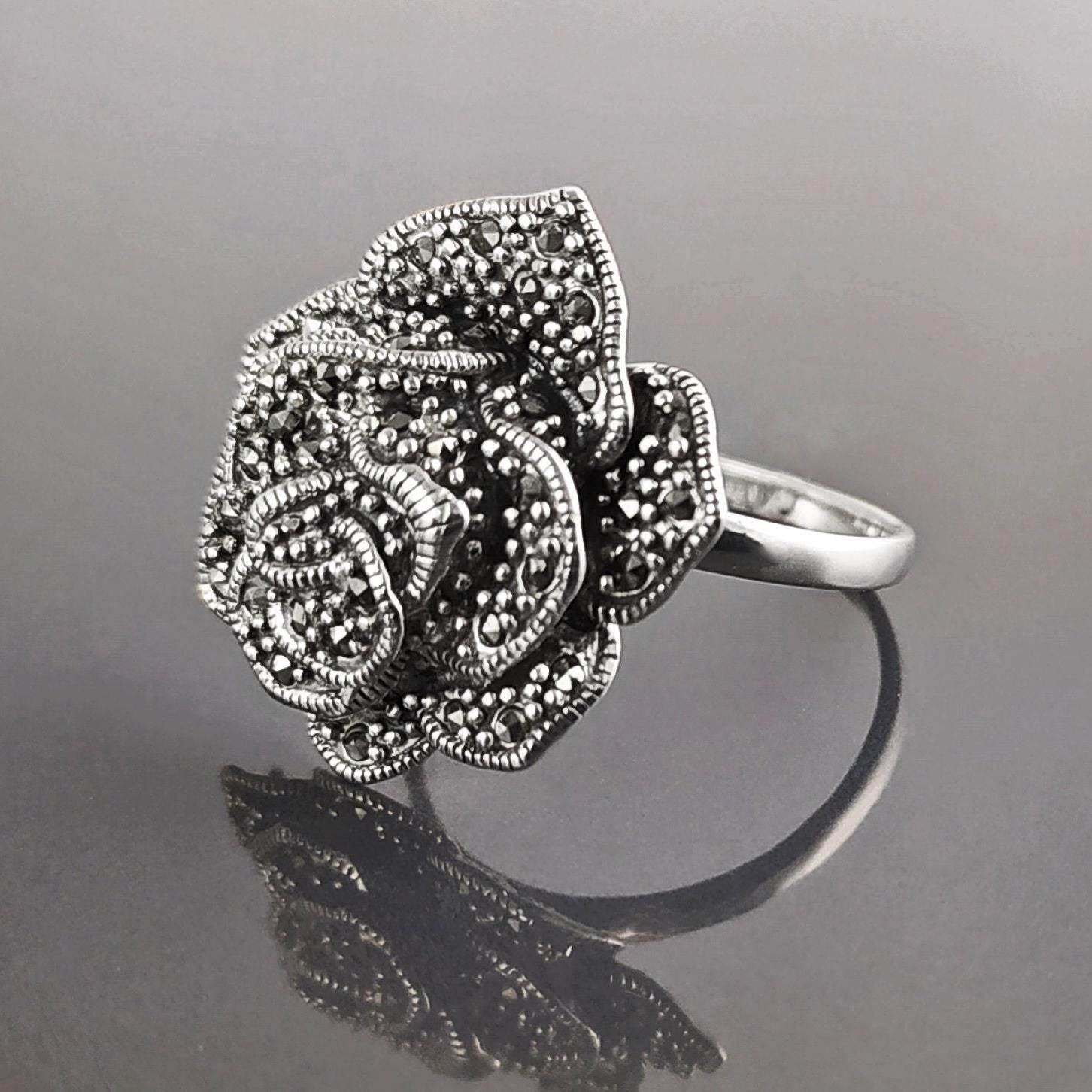 Vintage Rose Ring, Sterling Silver, Natural Marcasite Gray Stones Jewelry, Vintage Romantic Rose Flower Blossom, Bold Antique Design Gift