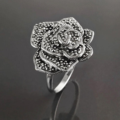 Vintage Rose Ring, Sterling Silver, Natural Marcasite Gray Stones Jewelry, Vintage Romantic Rose Flower Blossom, Bold Antique Design Gift