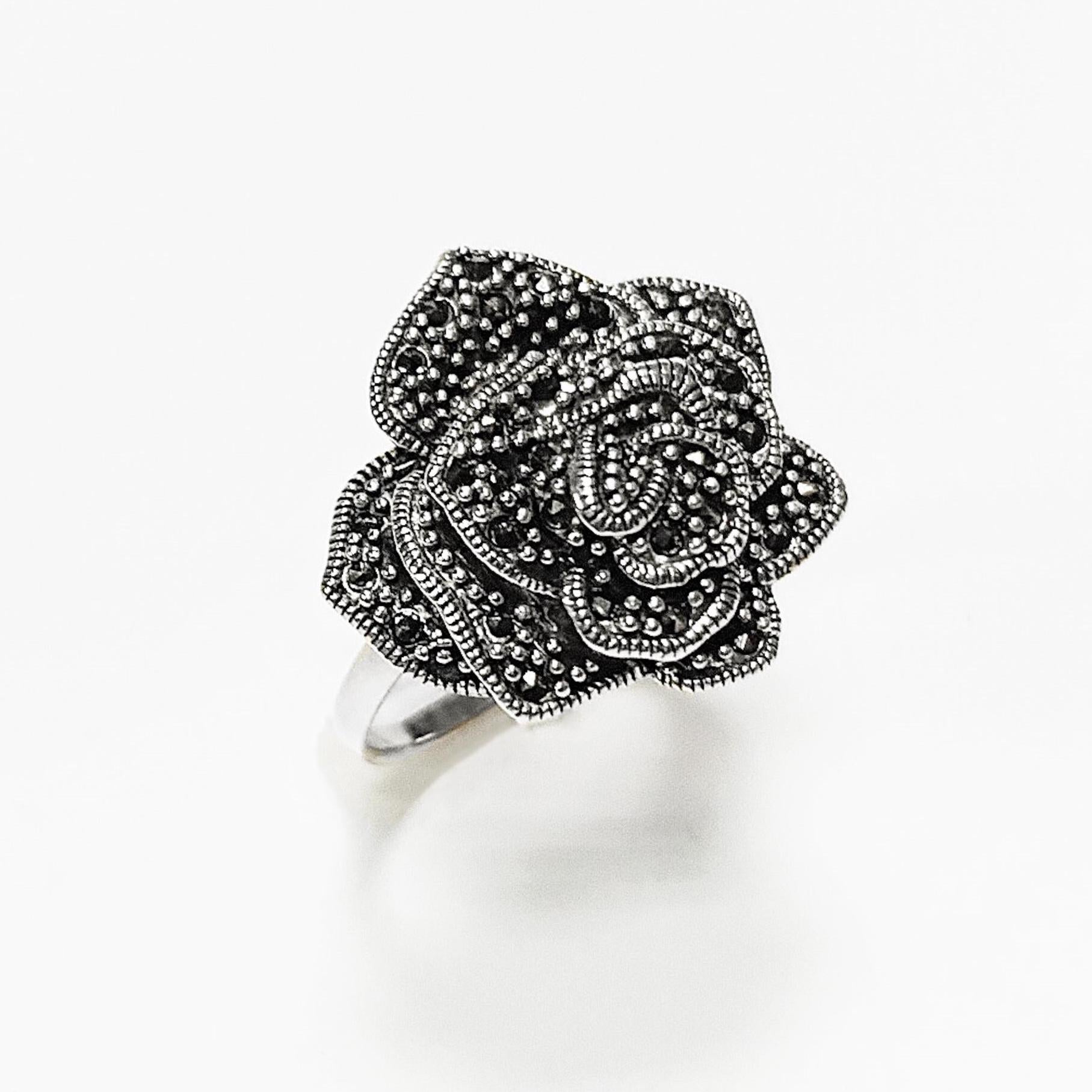 Vintage Rose Ring, Sterling Silver, Natural Marcasite Gray Stones Jewelry, Vintage Romantic Rose Flower Blossom, Bold Antique Design Gift
