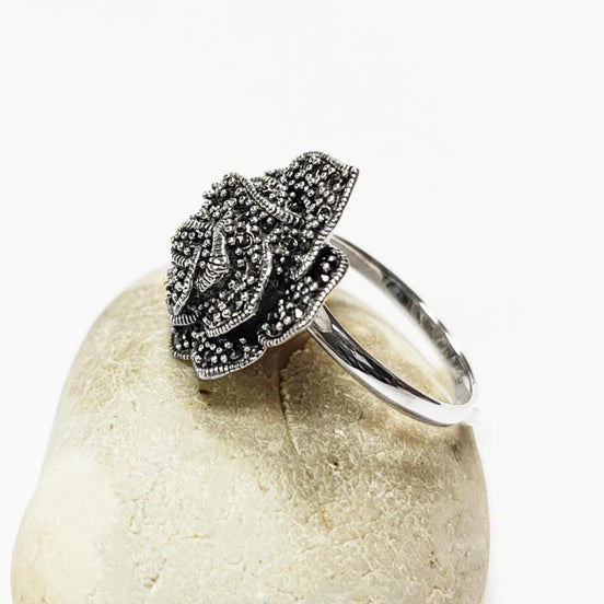 Vintage Rose Ring, Sterling Silver, Natural Marcasite Gray Stones Jewelry, Vintage Romantic Rose Flower Blossom, Bold Antique Design Gift