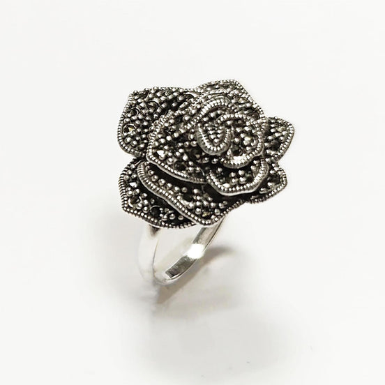 Vintage Rose Ring, Sterling Silver, Natural Marcasite Gray Stones Jewelry, Vintage Romantic Rose Flower Blossom, Bold Antique Design Gift