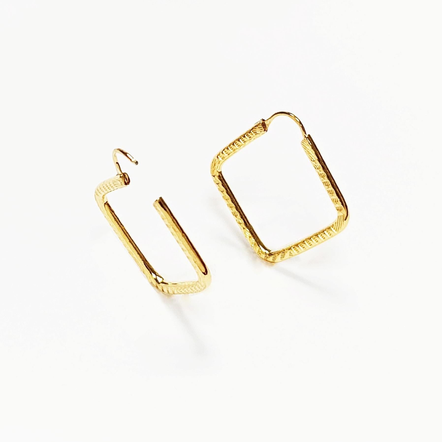 Textured Square Hoop Earrings • 18K Gold-Plated Geometric Hoops • Lightweight Modern Jewelry