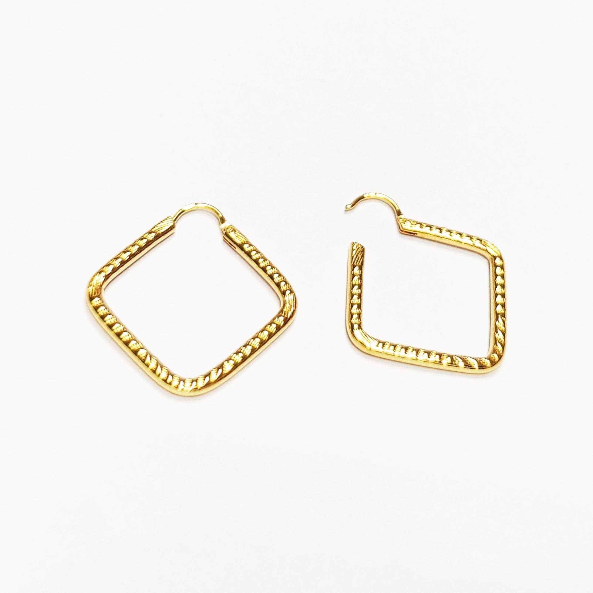 Textured Square Hoop Earrings • 18K Gold-Plated Geometric Hoops • Lightweight Modern Jewelry