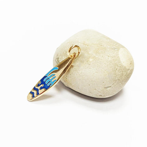 Ocean wave surfboard pendant • 18k gold plated • surfer jewelry gift • blue waves charm necklace