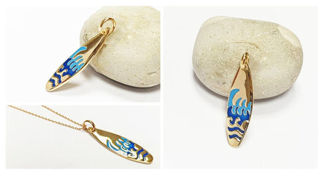 Ocean wave surfboard pendant • 18k gold plated • surfer jewelry gift • blue waves charm necklace