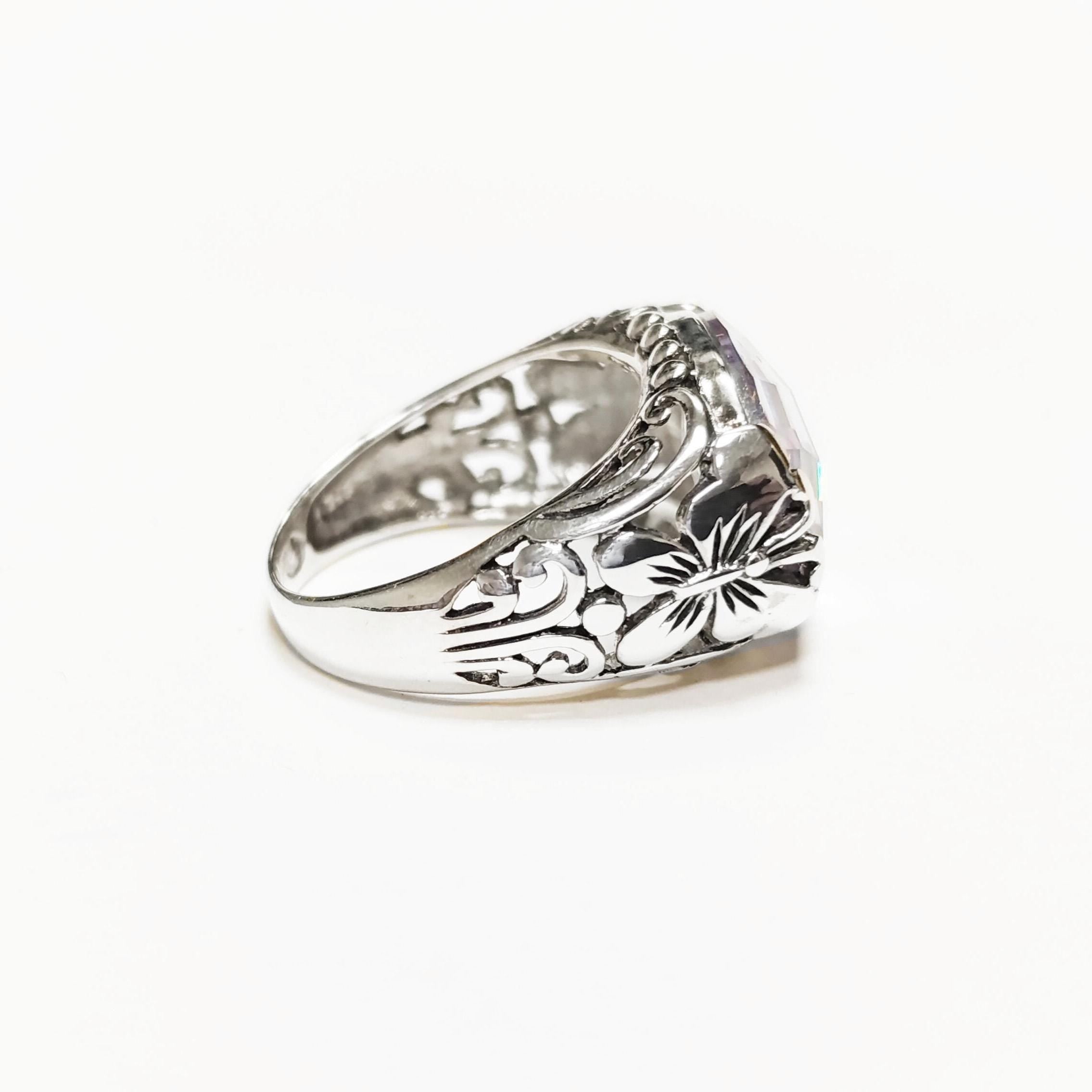Ring 925 Sterling Silver Butterflies, Horizontal Band, Pink Lilac Amethyst Color Lab Stone (CZ) , Butterfly Ring, XL size