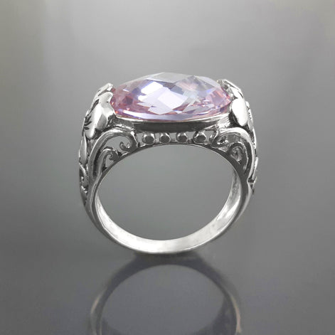 Ring 925 Sterling Silver Butterflies, Horizontal Band, Pink Lilac Amethyst Color Lab Stone (CZ) , Butterfly Ring, XL size