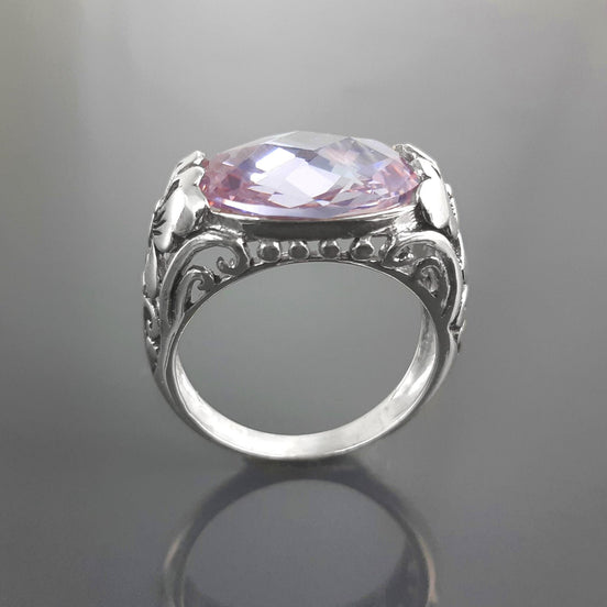 Ring 925 Sterling Silver Butterflies, Horizontal Band, Pink Lilac Amethyst Color Lab Stone (CZ) , Butterfly Ring, XL size