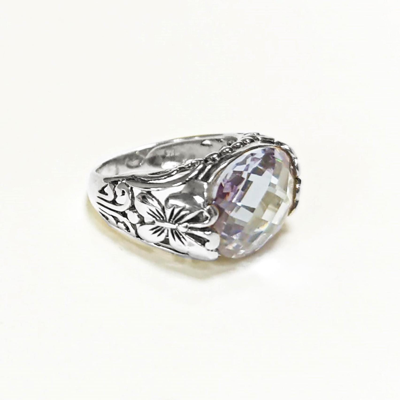 Ring 925 Sterling Silver Butterflies, Horizontal Band, Pink Lilac Amethyst Color Lab Stone (CZ) , Butterfly Ring, XL size