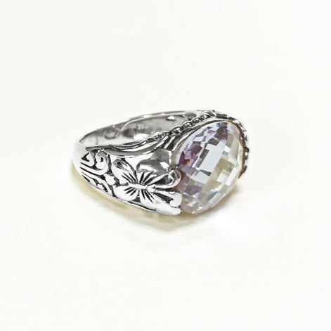 Ring 925 Sterling Silver Butterflies, Horizontal Band, Pink Lilac Amethyst Color Lab Stone (CZ) , Butterfly Ring, XL size