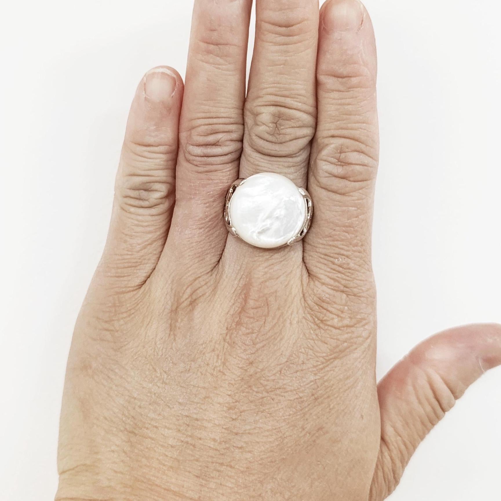 Modern Shell Ring, Sterling Silver, GENUINE Round White Mother of Pearl, Unique Designer Ring, Pearl Jewelry, Original Stone Ring