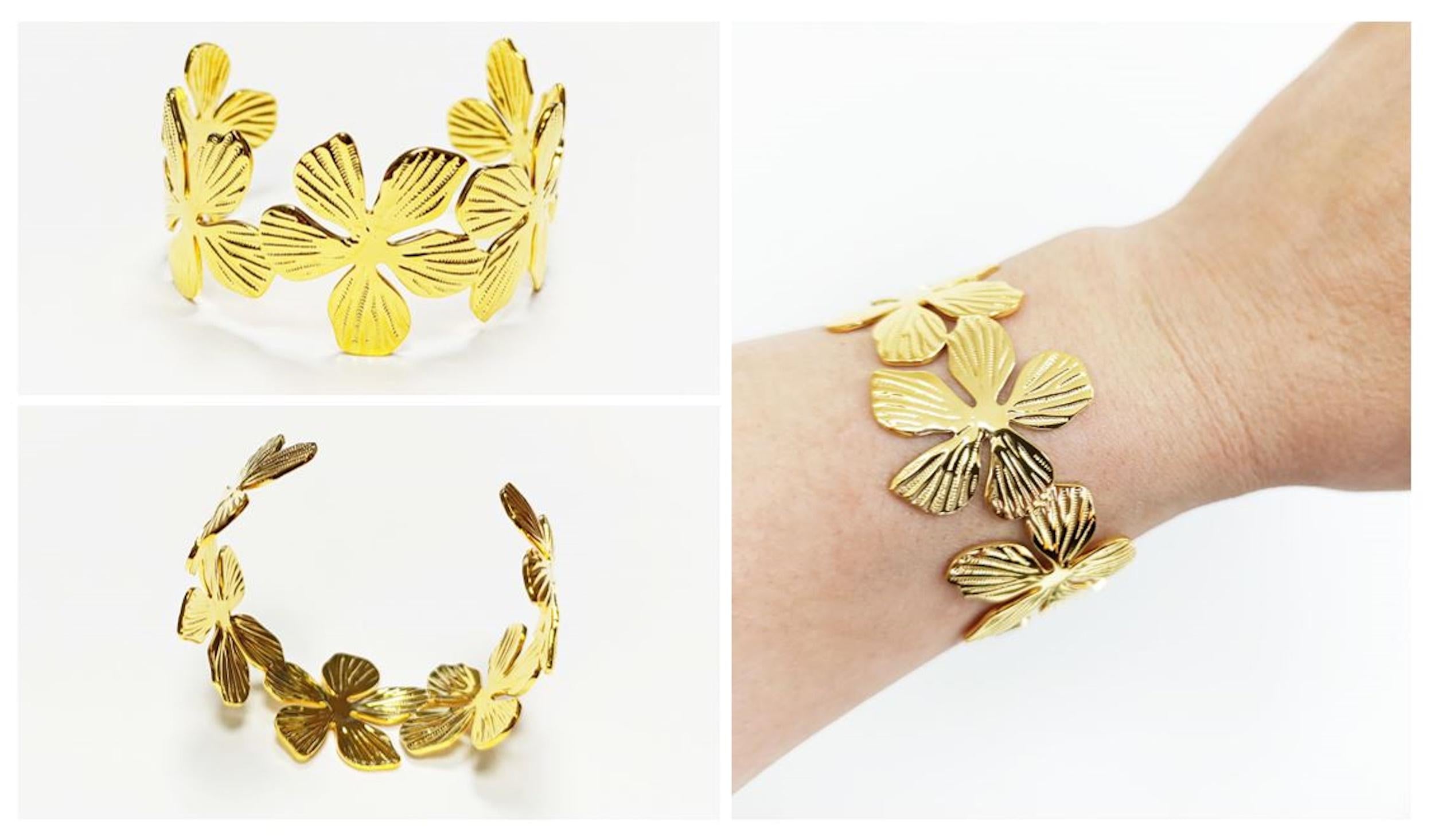 18K Gold Filled Orchid Cuff Bracelet • Floral Statement Bangle