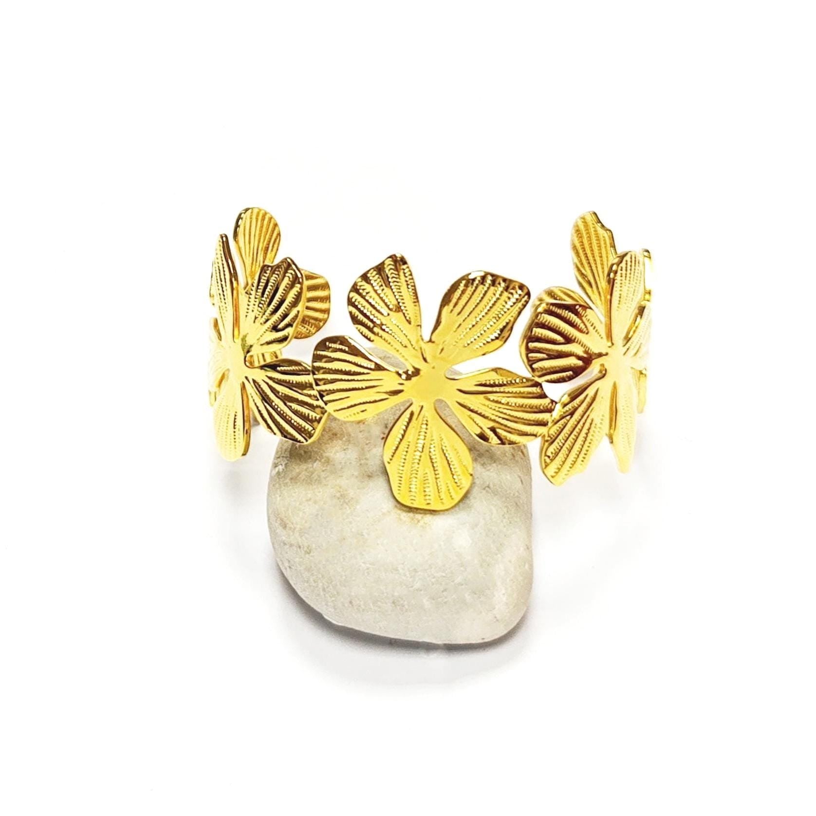 18K Gold Filled Orchid Cuff Bracelet • Floral Statement Bangle