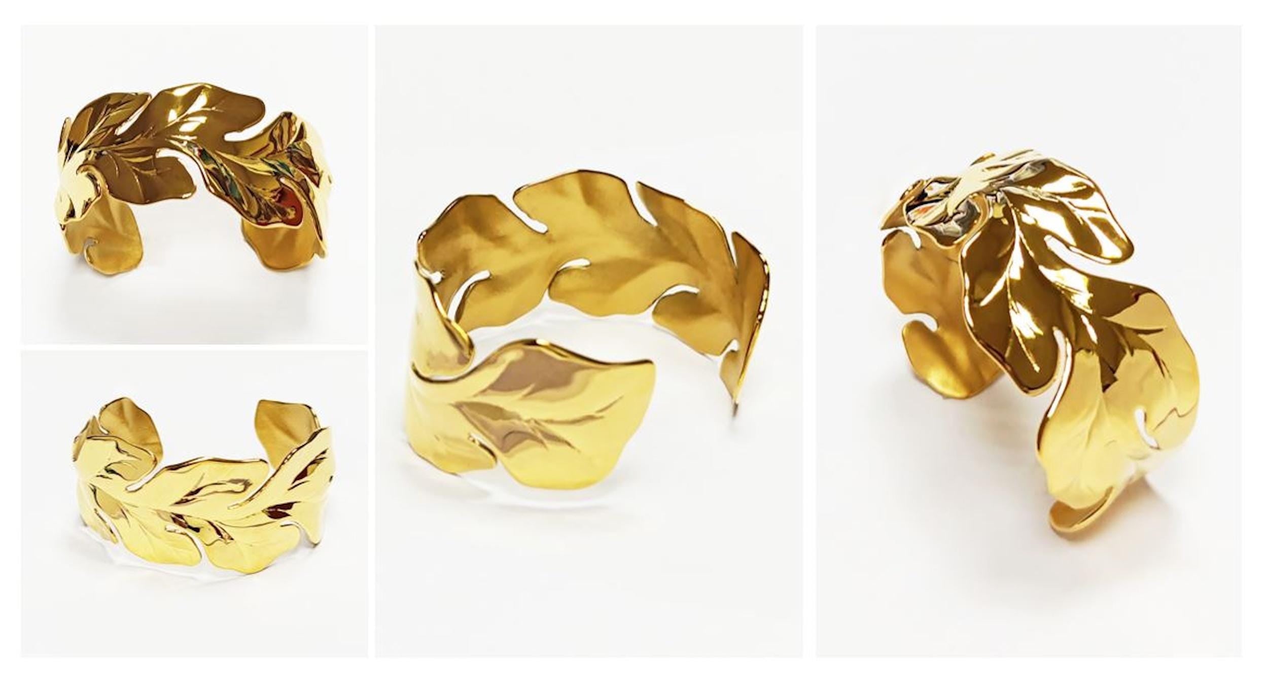 Tropical Leaf Cuff Bracelet • 18K Gold Filled • Nature Inspired Motif Open Wide Bangle • Boho Foliage Jewelry • Unique Woman Botanical Gift