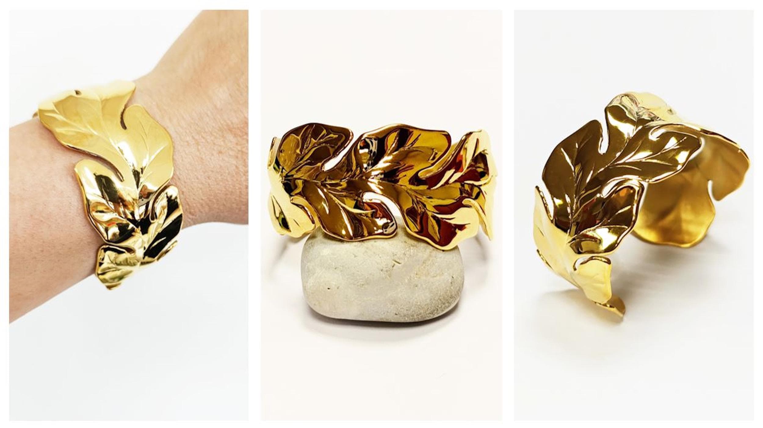 Tropical Leaf Cuff Bracelet • 18K Gold Filled • Nature Inspired Motif Open Wide Bangle • Boho Foliage Jewelry • Unique Woman Botanical Gift