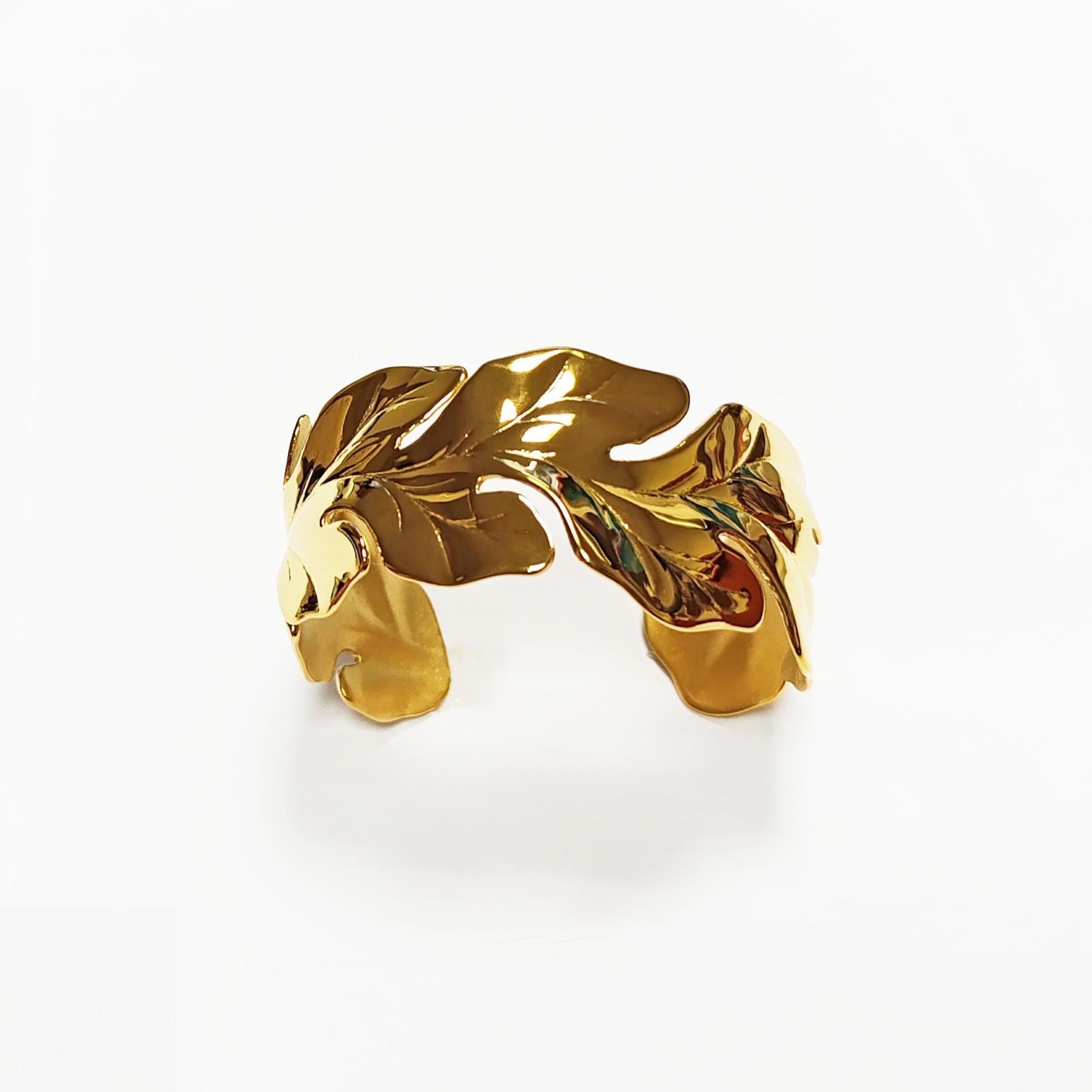 Tropical Leaf Cuff Bracelet • 18K Gold Filled • Nature Inspired Motif Open Wide Bangle • Boho Foliage Jewelry • Unique Woman Botanical Gift