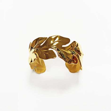 Tropical Leaf Cuff Bracelet • 18K Gold Filled • Nature Inspired Motif Open Wide Bangle • Boho Foliage Jewelry • Unique Woman Botanical Gift