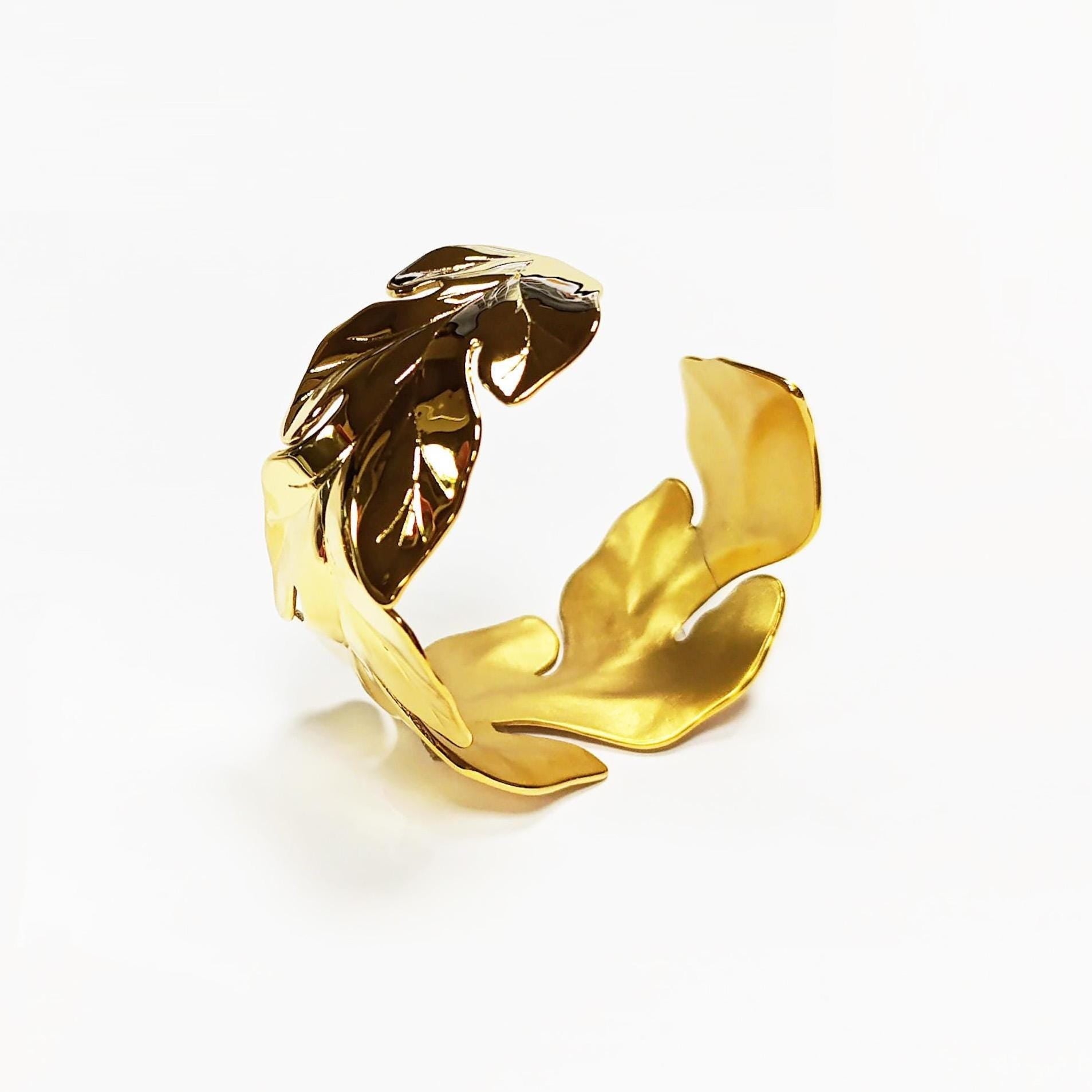 Tropical Leaf Cuff Bracelet • 18K Gold Filled • Nature Inspired Motif Open Wide Bangle • Boho Foliage Jewelry • Unique Woman Botanical Gift