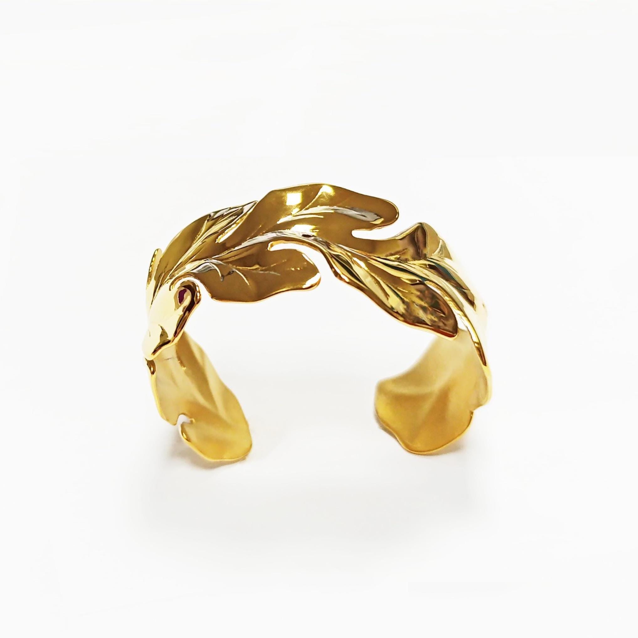 Tropical Leaf Cuff Bracelet • 18K Gold Filled • Nature Inspired Motif Open Wide Bangle • Boho Foliage Jewelry • Unique Woman Botanical Gift