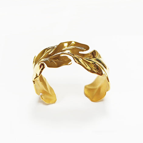 Tropical Leaf Cuff Bracelet • 18K Gold Filled • Nature Inspired Motif Open Wide Bangle • Boho Foliage Jewelry • Unique Woman Botanical Gift