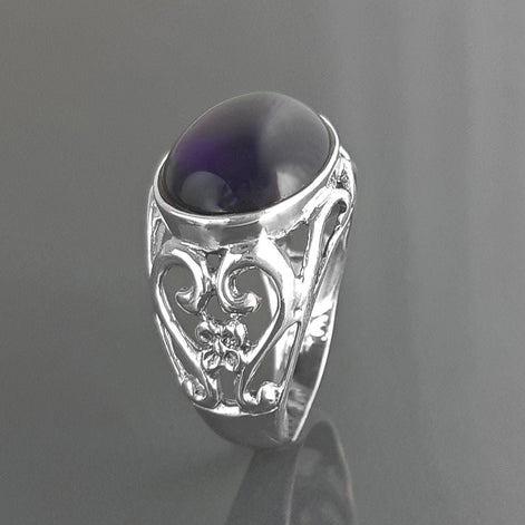 boho amethyst ring, sterling silver, genuine purple amethyst stone ring, vintage art nouveau jewelry art deco