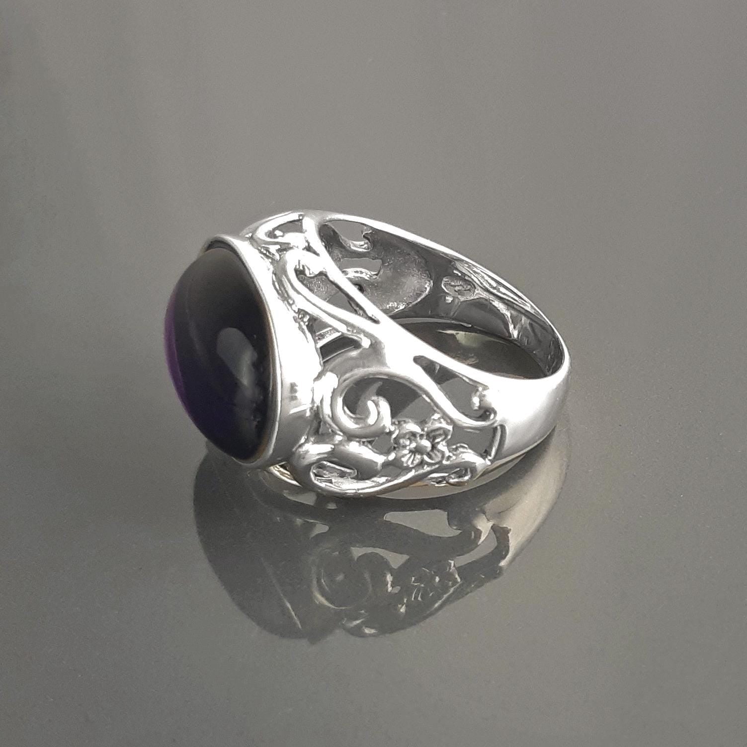 boho amethyst ring, sterling silver, genuine purple amethyst stone ring, vintage art nouveau jewelry art deco