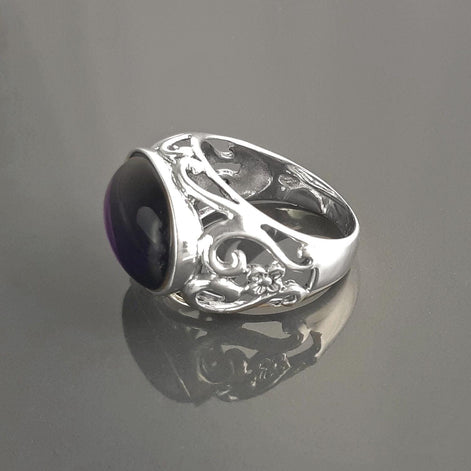 boho amethyst ring, sterling silver, genuine purple amethyst stone ring, vintage art nouveau jewelry art deco